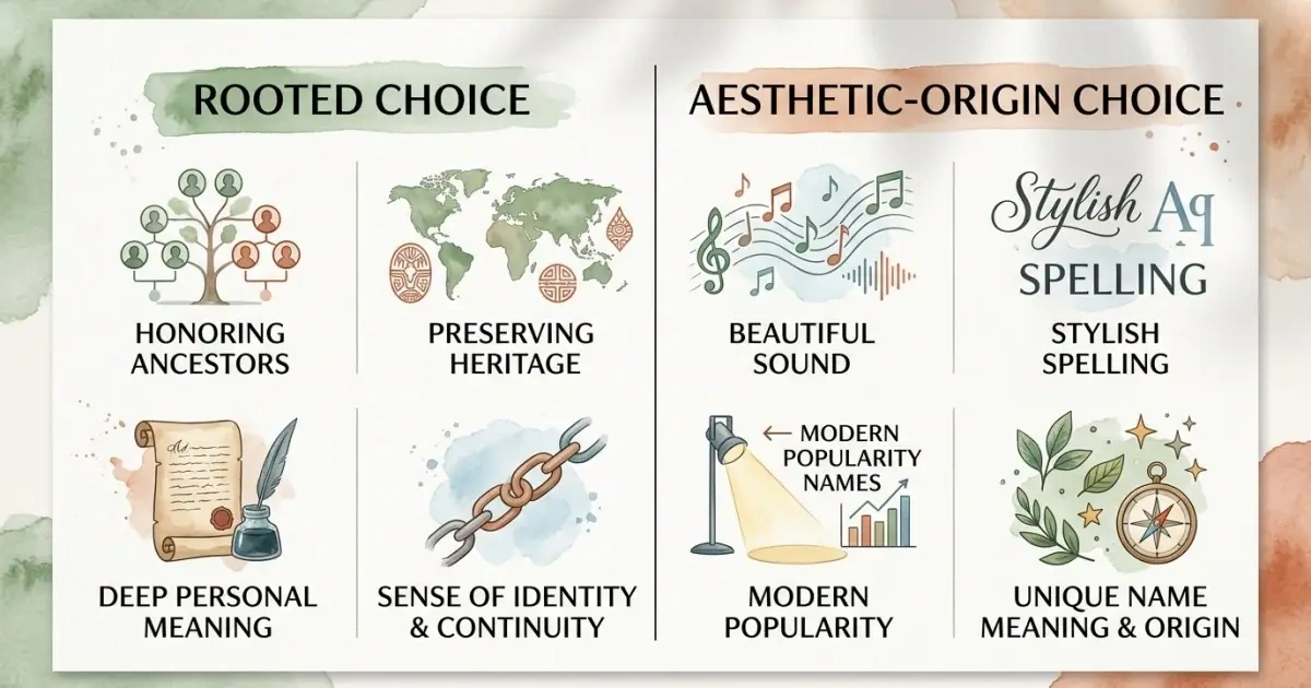 A comparison infographic distinguishing between a rooted name choice and an aesthetic choice