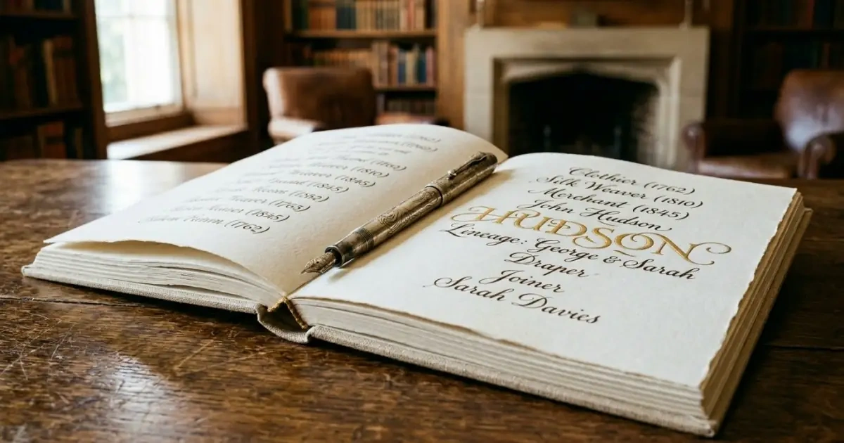 Handwritten modern surname names in a linen journal with a vintage pen