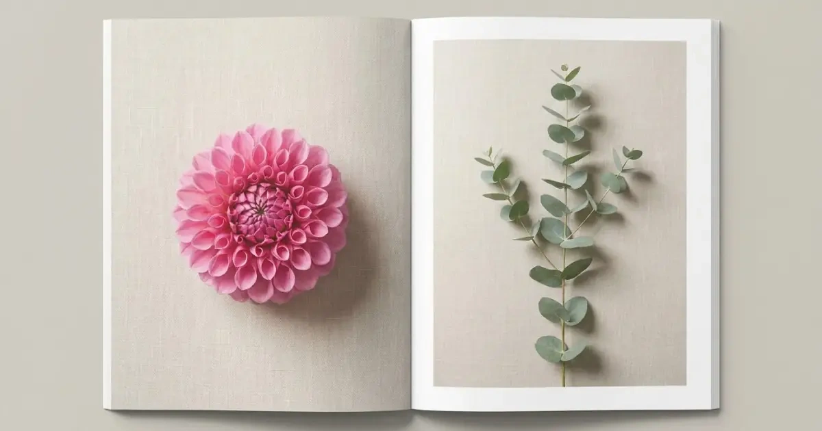 A vibrant dahlia flower contrasted with understated eucalyptus leaves on a linen surface