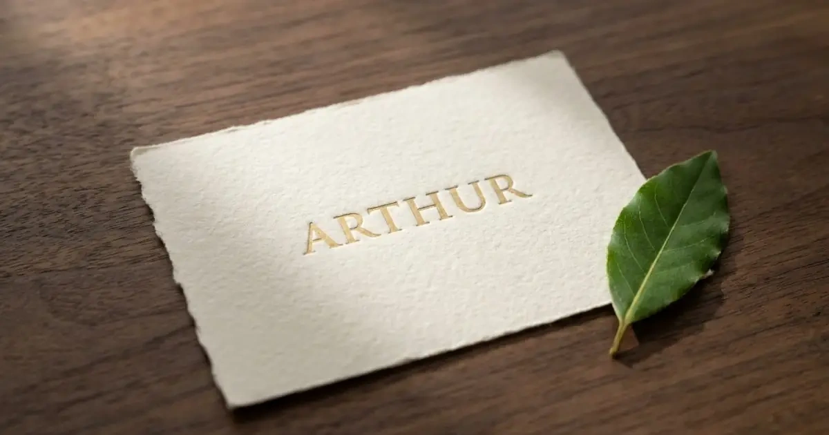The name Arthur embossed in minimalist gold lettering on textured paper representing noble baby names.