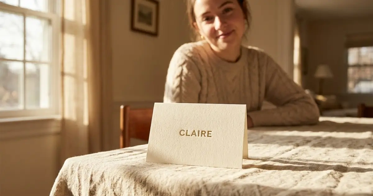 An embossed gold name card for Claire resting on a textured tablecloth