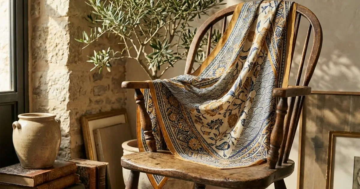 A patterned silk scarf draped over a wooden chair next to an olive tree