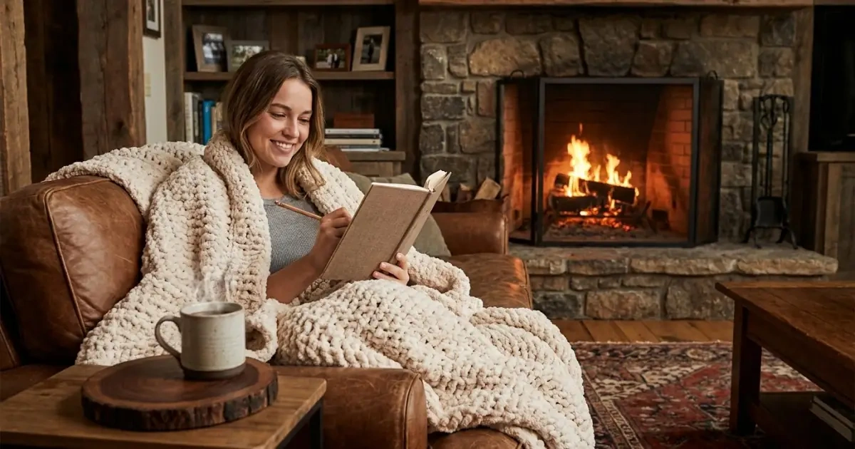 A cozy fireplace scene with a mother writing names, illustrating warmth in elegant baby names.