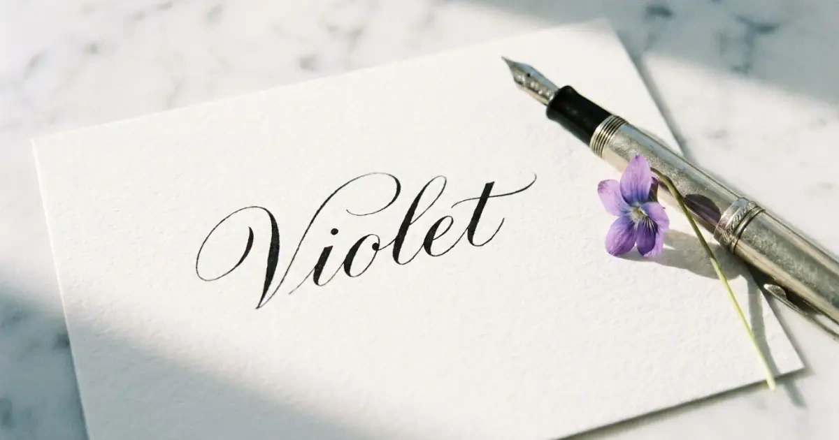 The name Violet written in classic calligraphy next to a fresh violet blossom