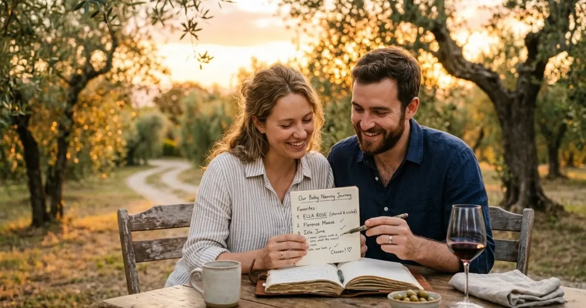 Young parents finalizing their elegant French baby name shortlist in a sunlit olive grove.