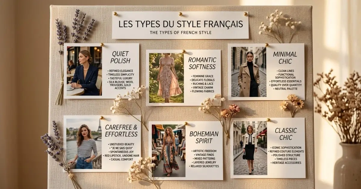 An aesthetic mood board infographic defining different types of French baby name styles.