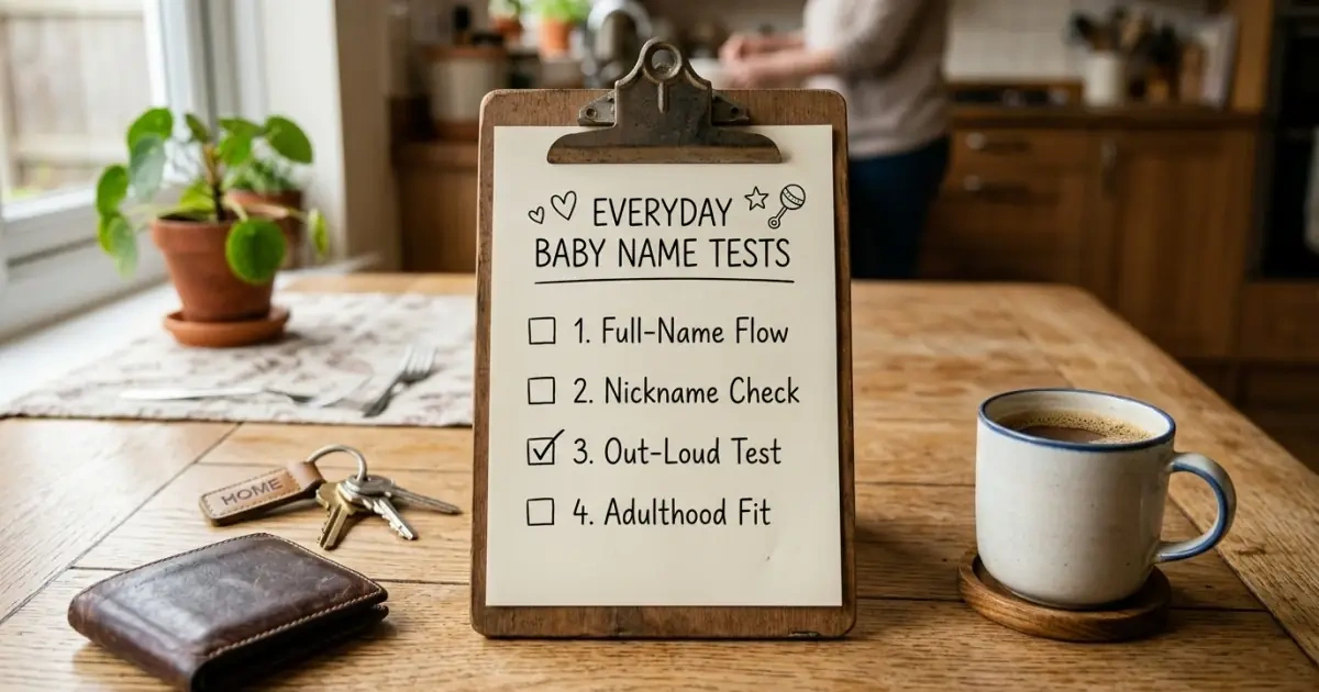 A clipboard checklist infographic showing everyday wearability tests for baby names