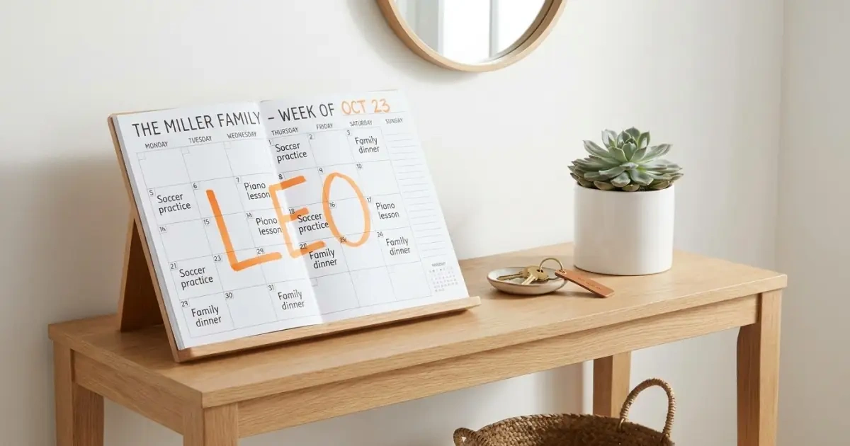 A daily family planner calendar with a first name clearly written on a modern console table