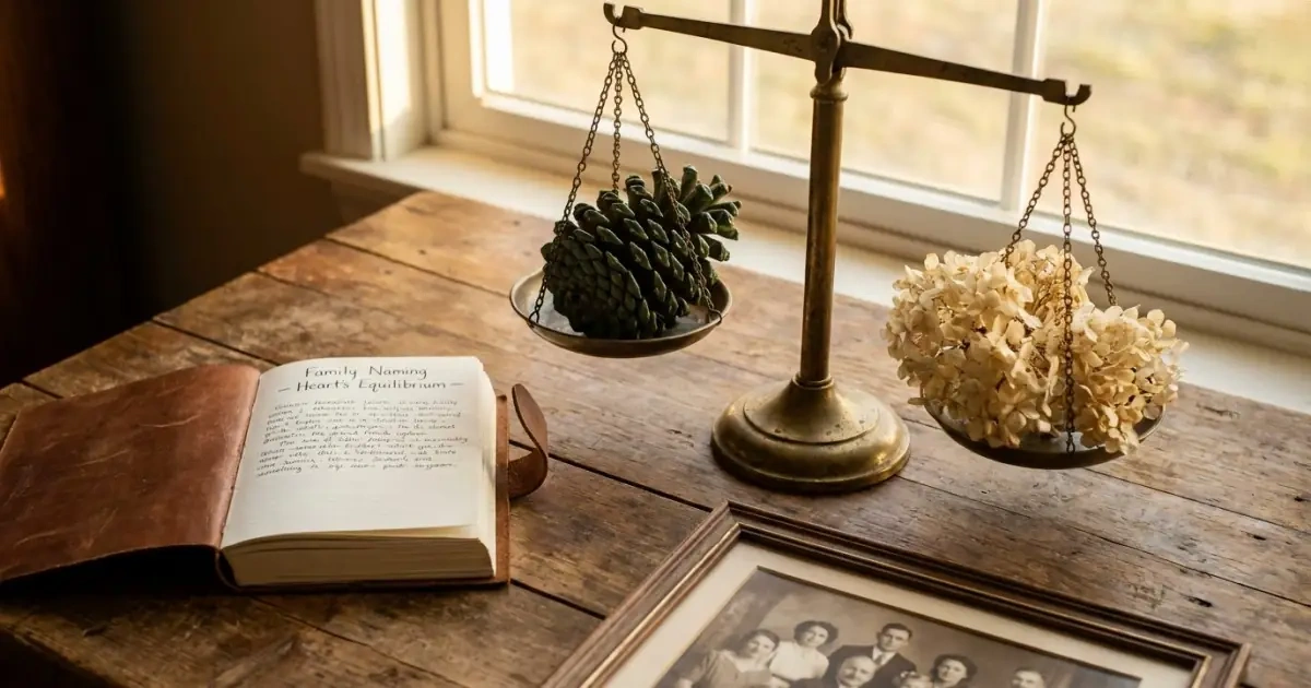 Brass balance scales holding a pinecone and dried flowers in perfect visual equilibrium