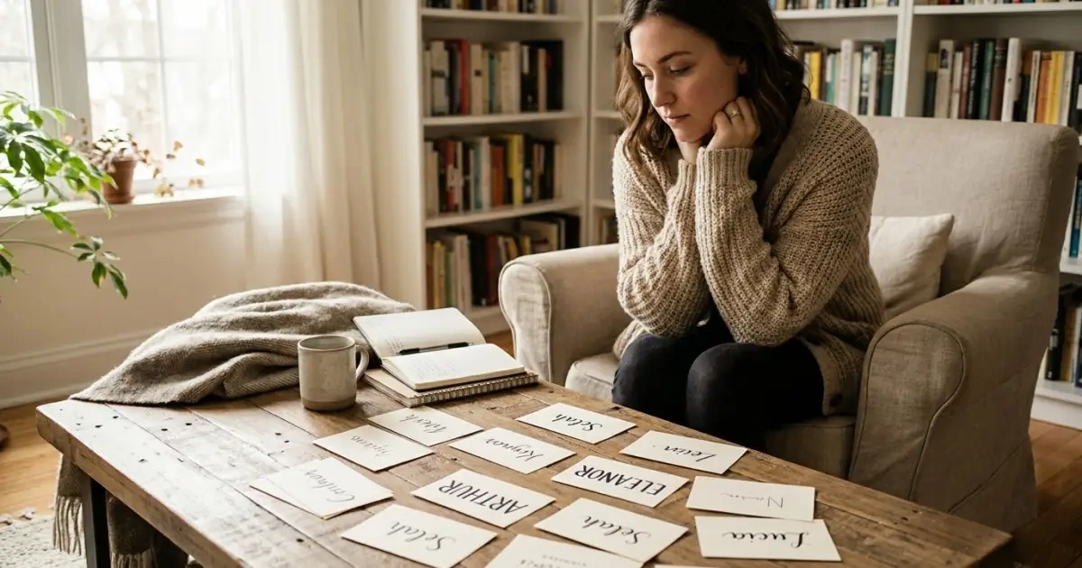 A woman reviewing handwritten cards to decide the visibility of faith-inspired baby names