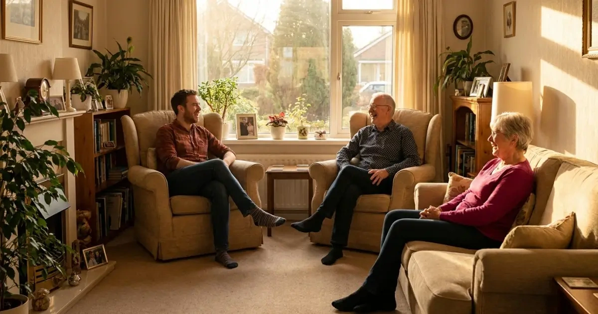 Family discussing baby name choices in a supportive, cozy setting.