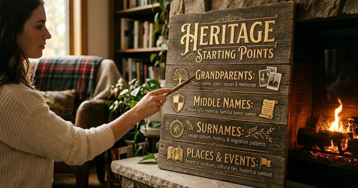 An infographic chart displaying useful family heritage baby names starting points on a wooden board