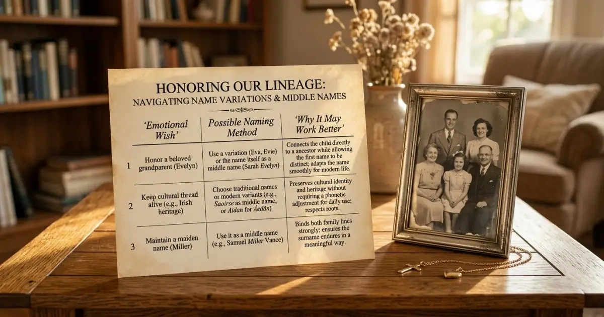 An emotional wish and naming method infographic table sitting next to a vintage family photograph