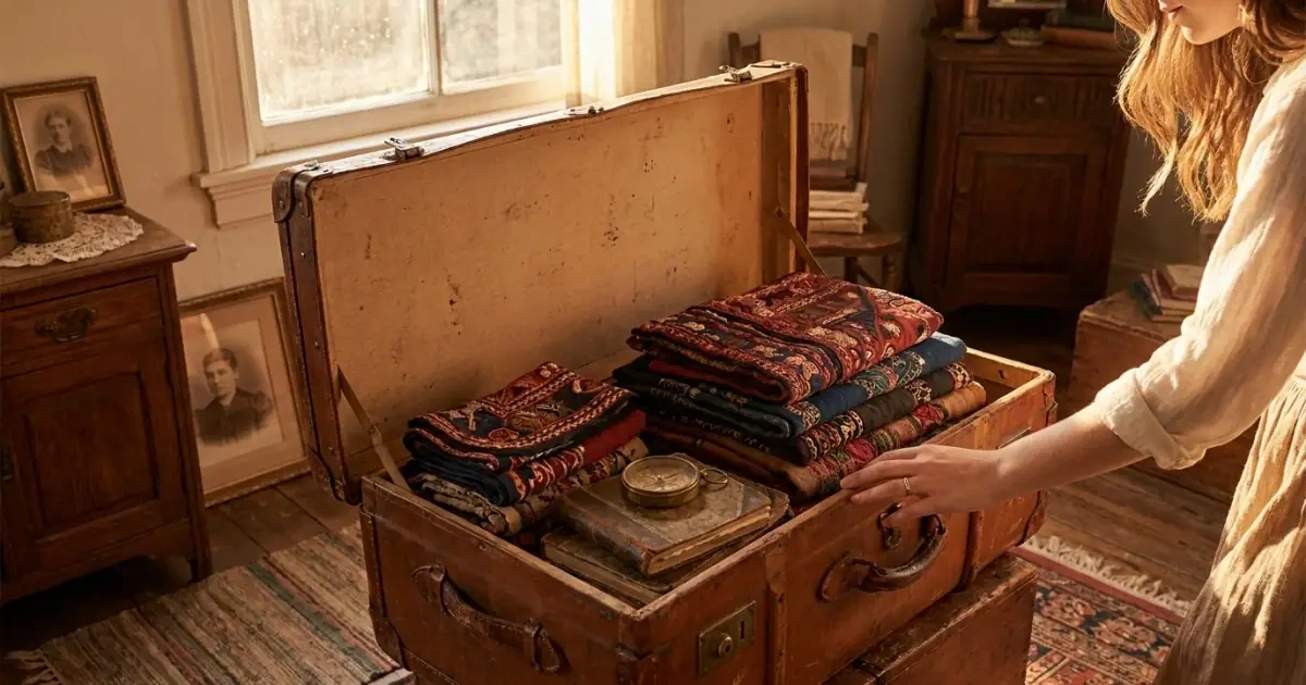 An antique trunk with heritage textiles representing traditional family middle names.