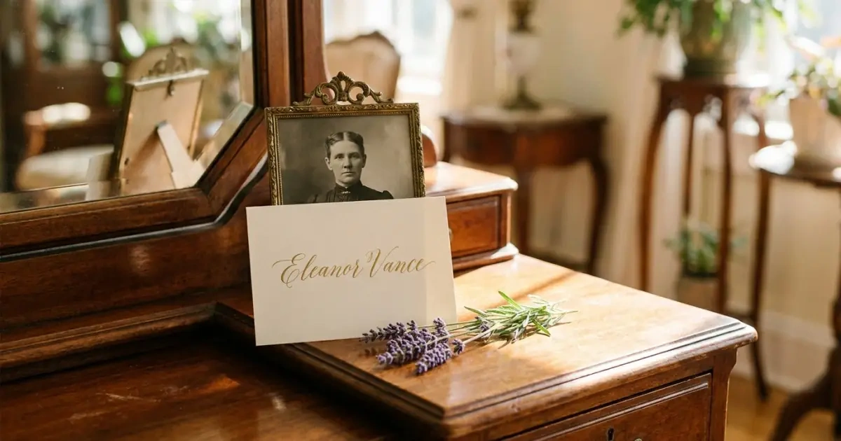 A vintage family portrait and modern name card showing family middle names.