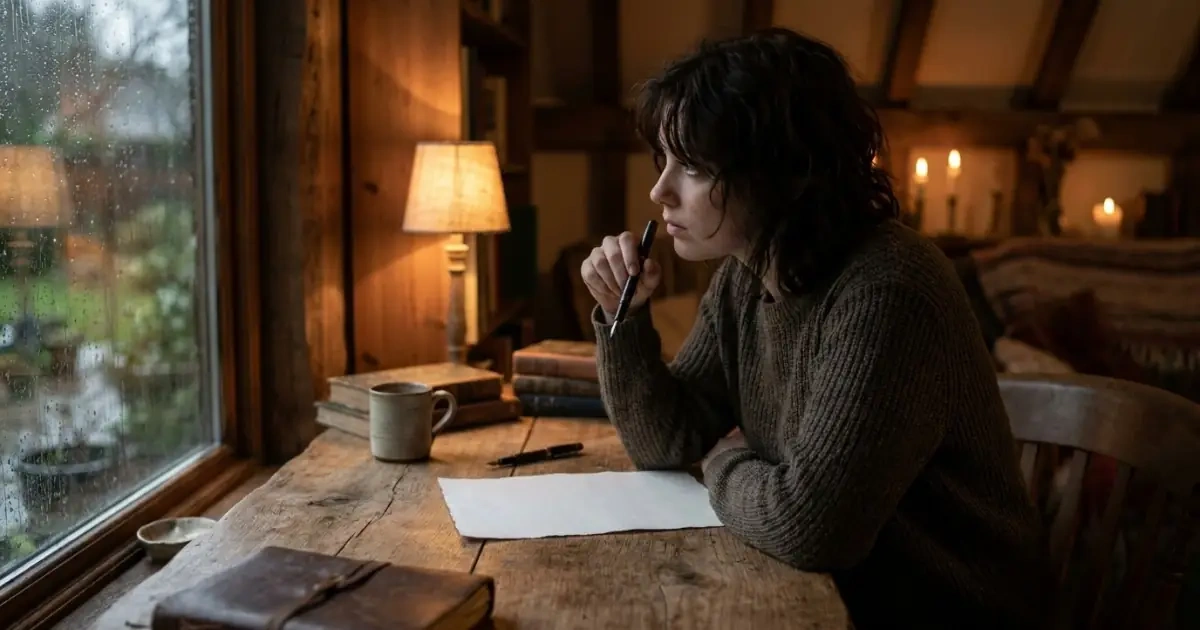 A thoughtful woman sitting by a rustic table considering family name pressure
