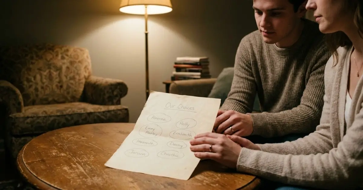 A young couple holding hands over a list of circled baby names on a coffee table
