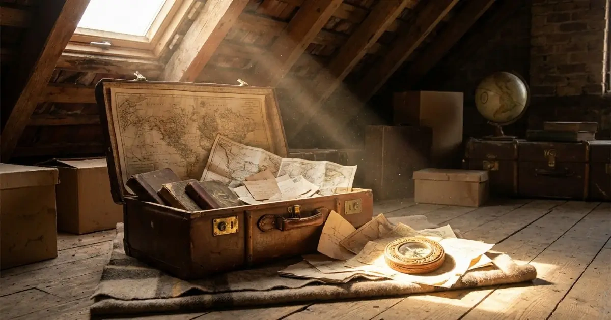 An open vintage leather trunk with old maps and a hand-carved compass in a sunlit attic