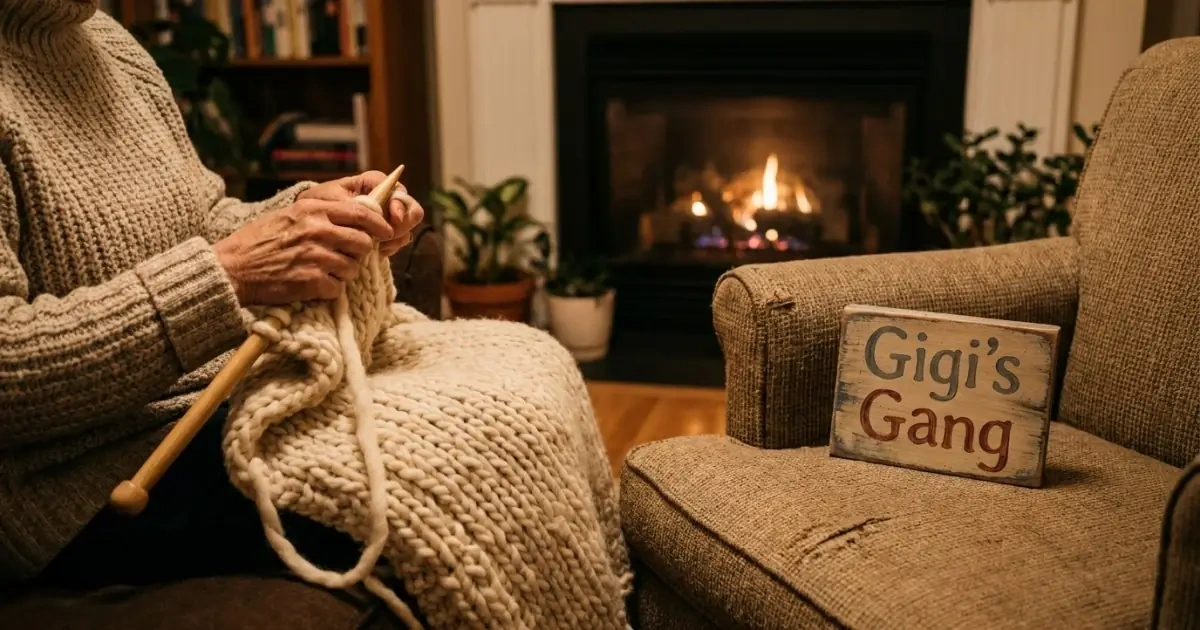 A woman knitting next to a hand-painted wooden block with a family nickname