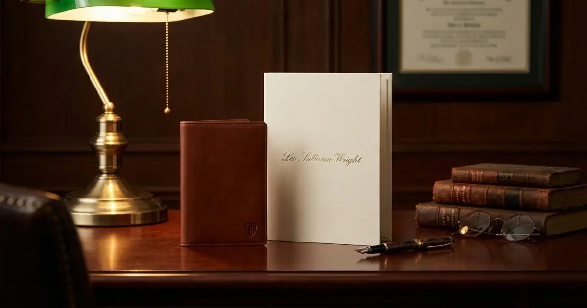 A personalized name folder with a family surname as a middle name on a mahogany desk