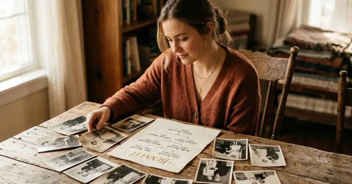 Woman examining vintage photos while considering family surname baby names