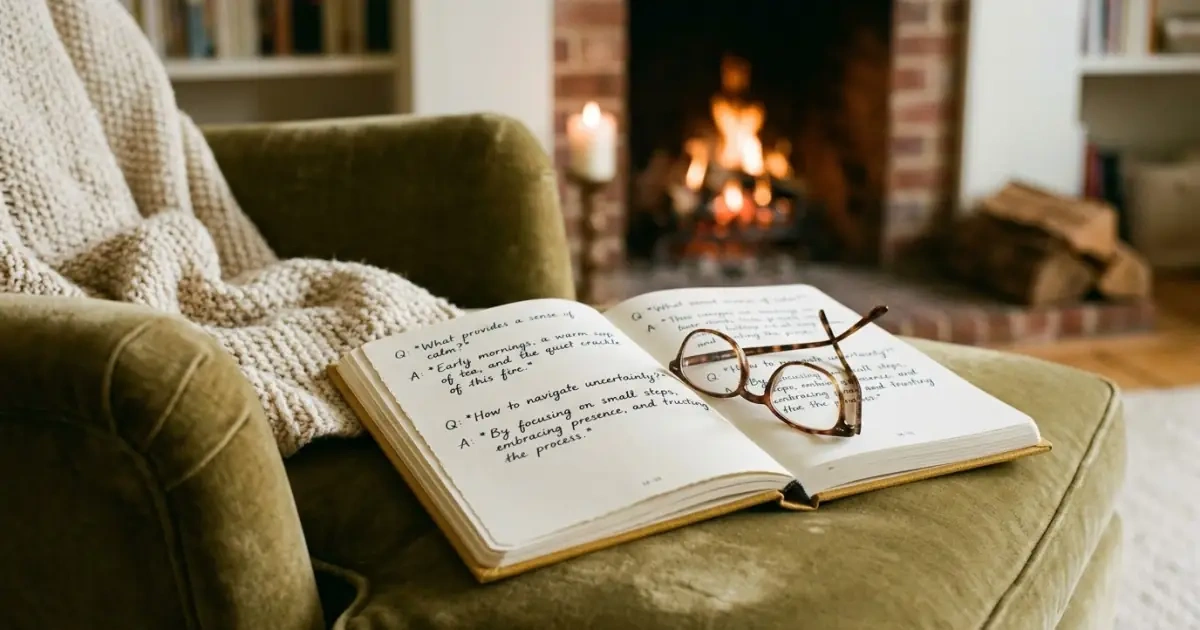 An open journal with handwritten questions about names meaning strength in a cozy room