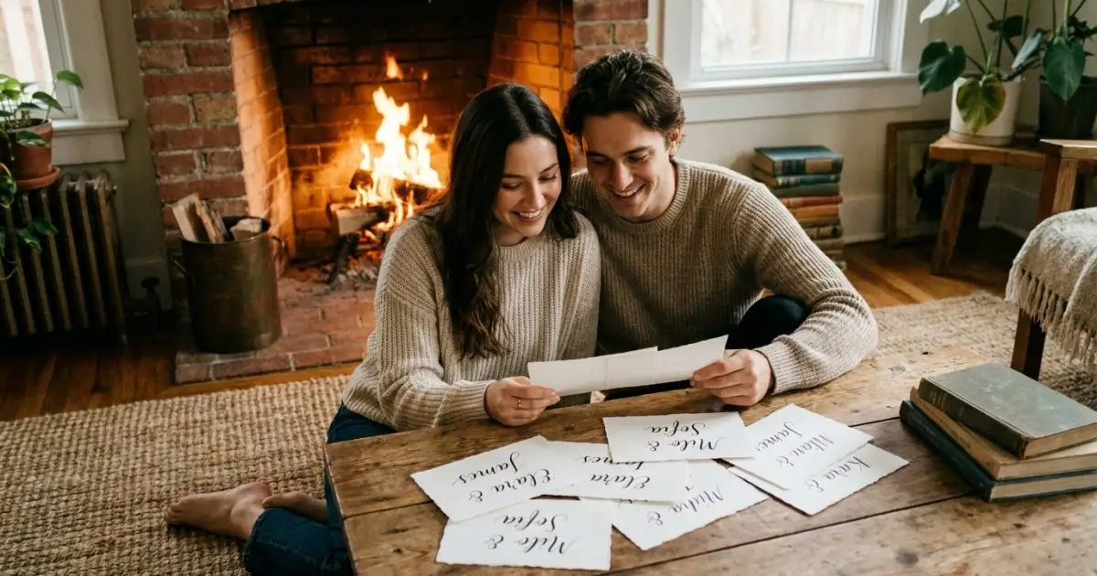 Young parents looking over common questions about baby name initials and monograms