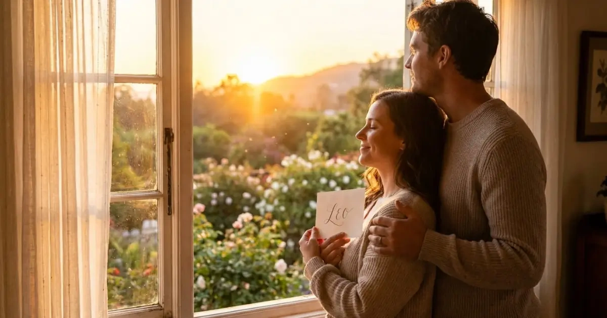 A happy young couple looking out a window confident in their final baby name choice