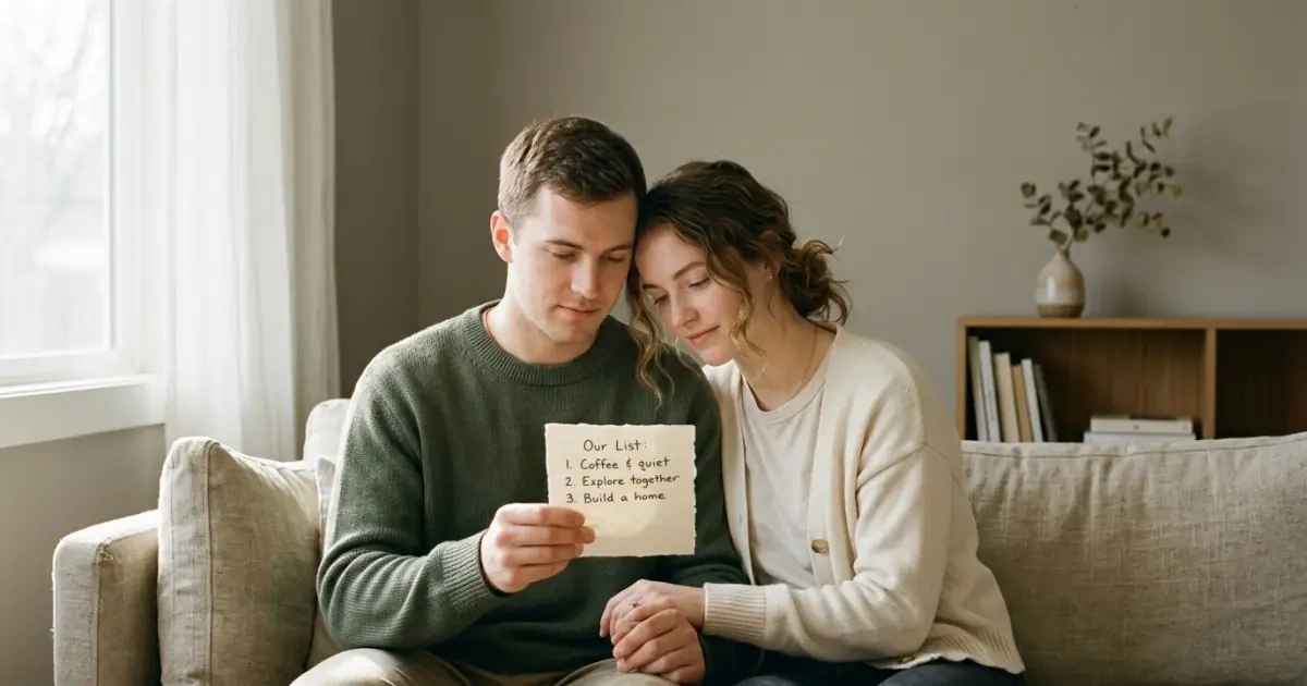 A couple calmly focusing on a small shortlist, maintaining structure when naming a baby after birth.