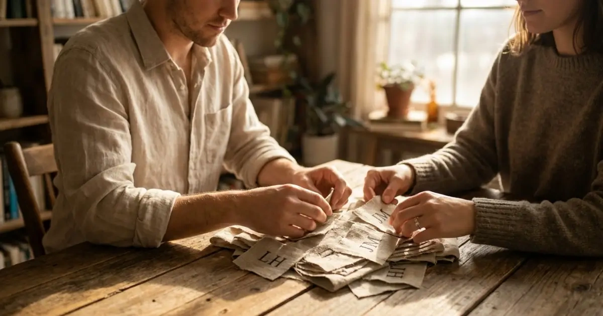 First and last initials displayed on beautiful linen labels on a wooden table