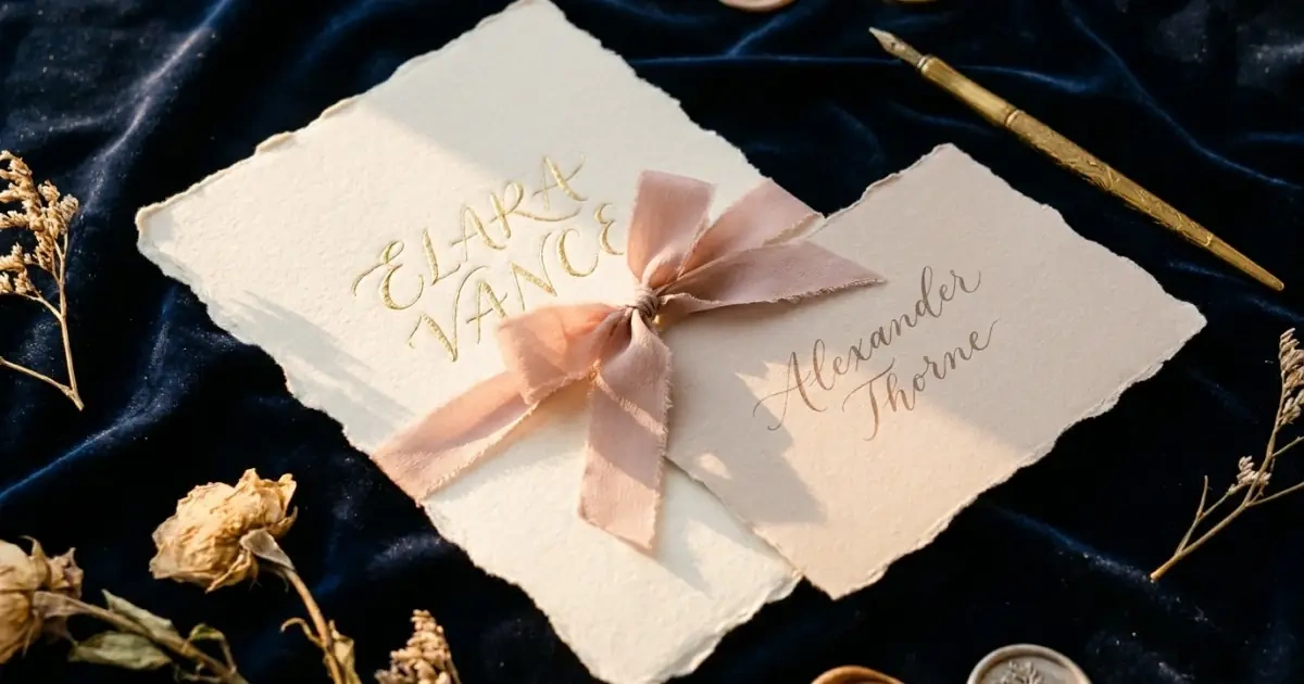 Two elegant calligraphy papers joined by a silk ribbon representing first and middle name flow