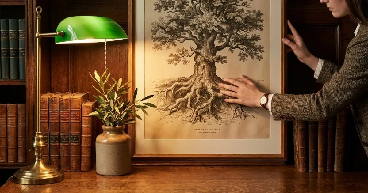 A young woman organizing detailed botanical prints in a sophisticated library setting