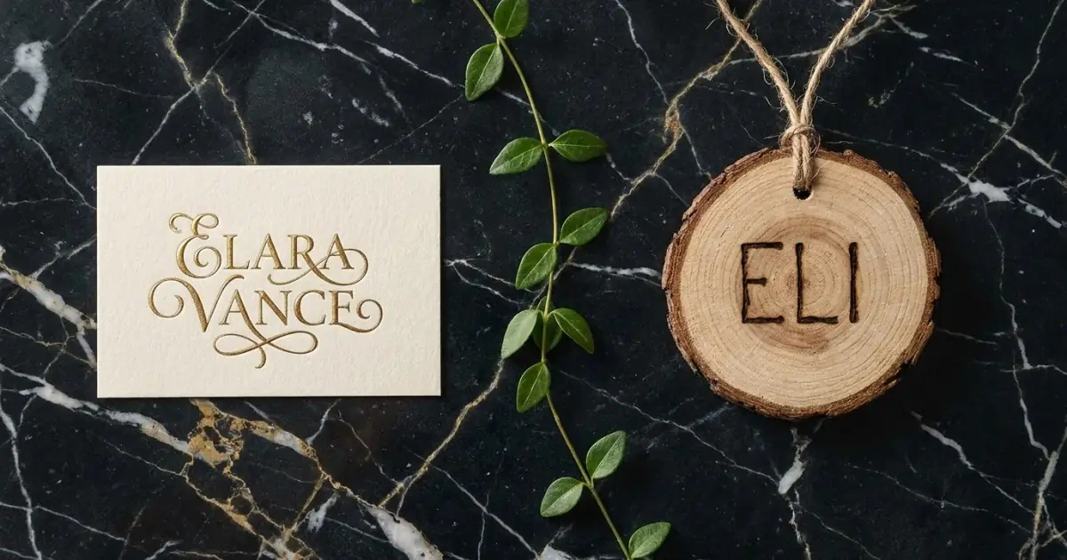 A formal embossed card next to a rustic wooden tag comparing formal names and nicknames.