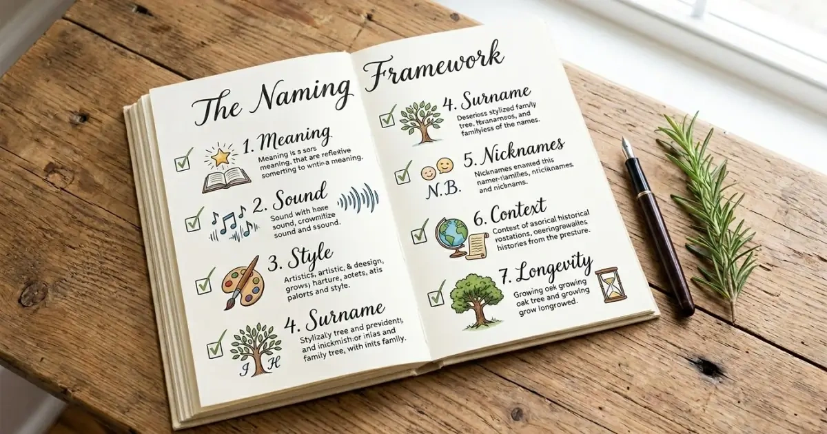 An infographic checklist in a scrapbook showing the steps of a practical naming framework.