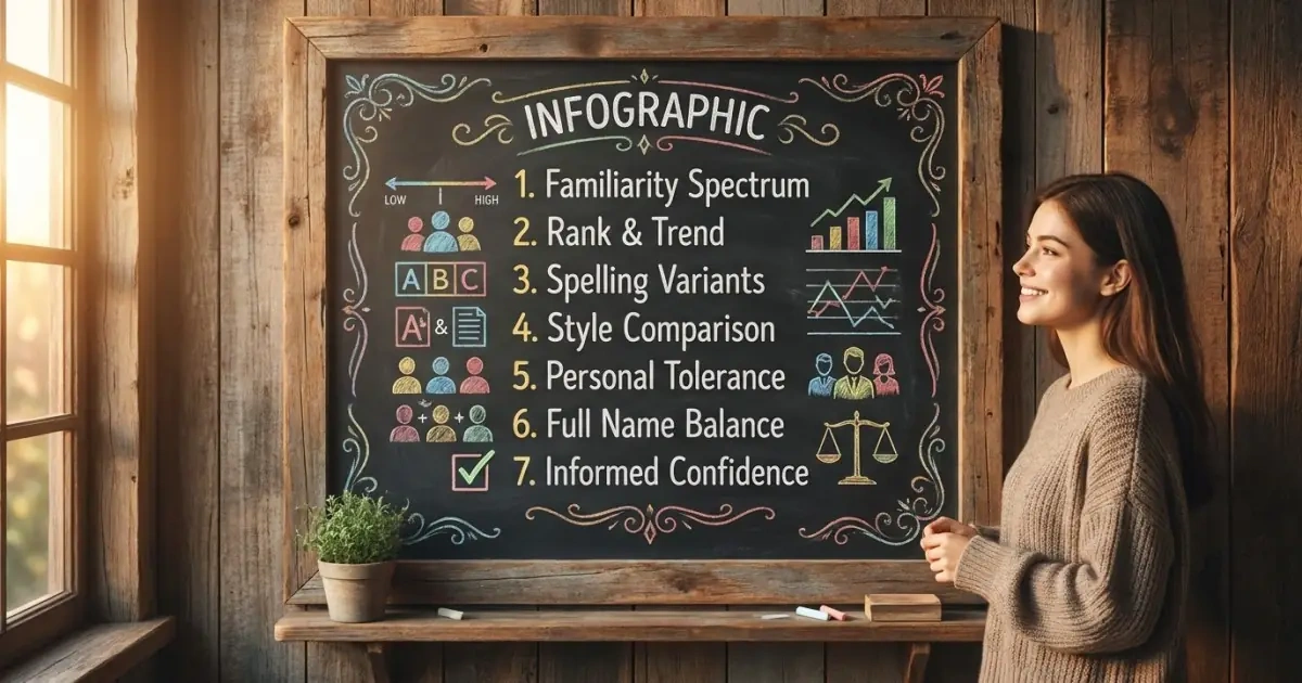 A beautiful rustic chalkboard infographic displaying a 7-step framework for choosing a name