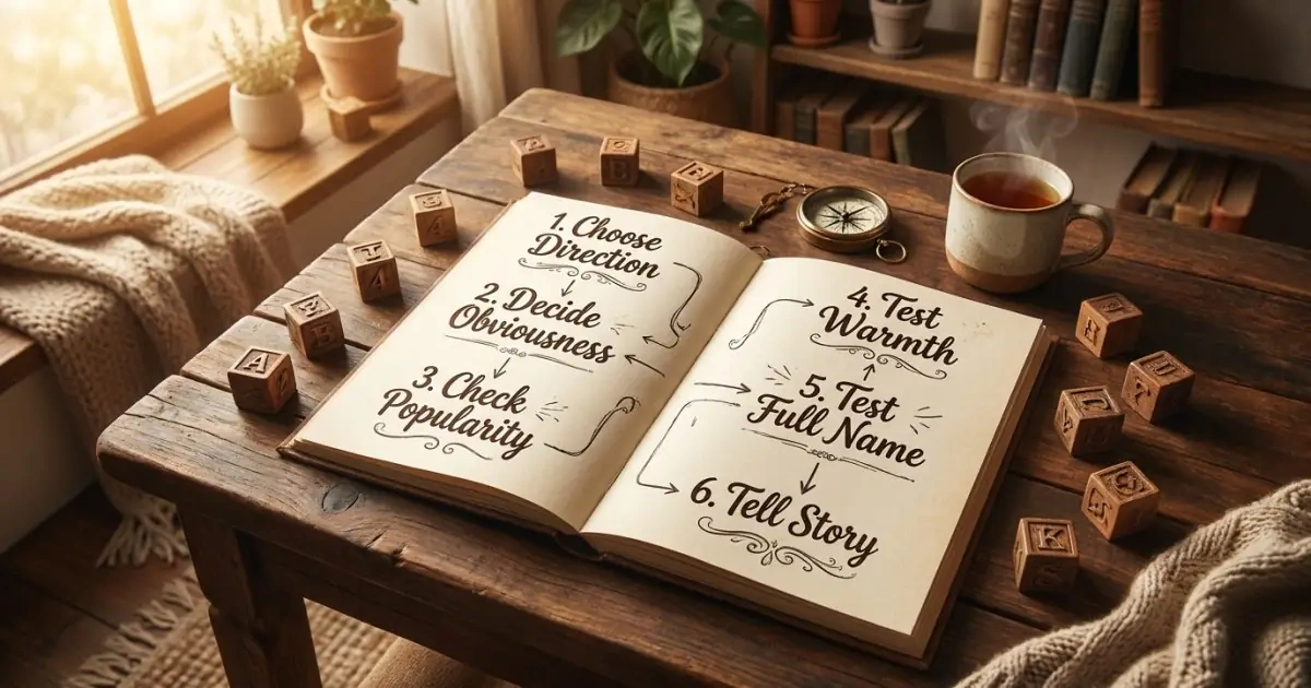 A beautiful hand-drawn step-by-step scrapbook framework for selecting balanced royal baby names.