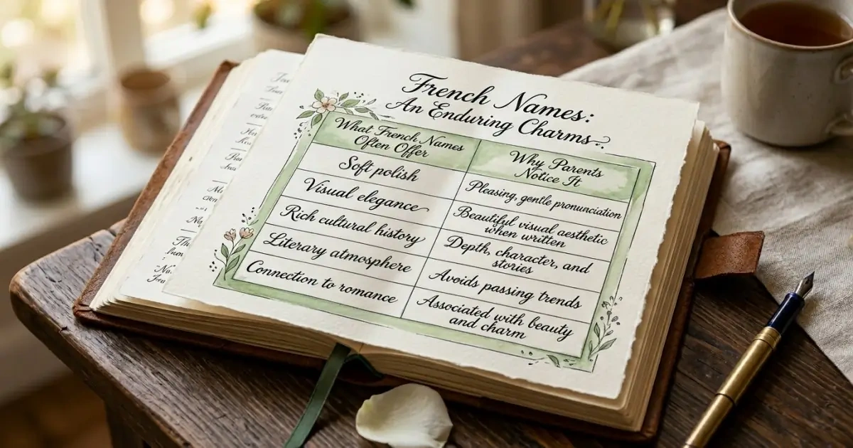 An infographic journal page analyzing why parents choose elegant French baby names.