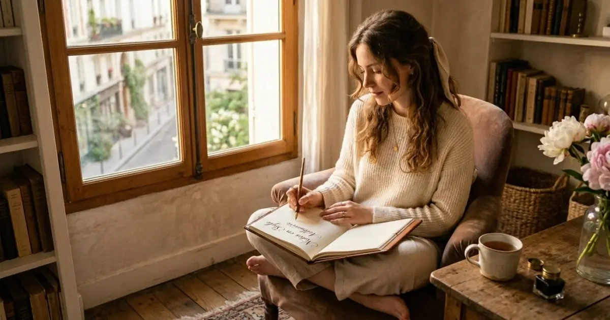 A young mother thoughtfully writing in her baby name journal by a sunlit window.