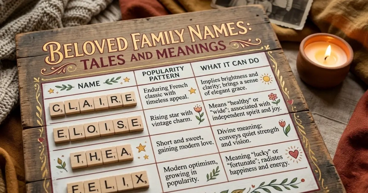 A rustic wooden infographic tracking popularity patterns of French baby names.