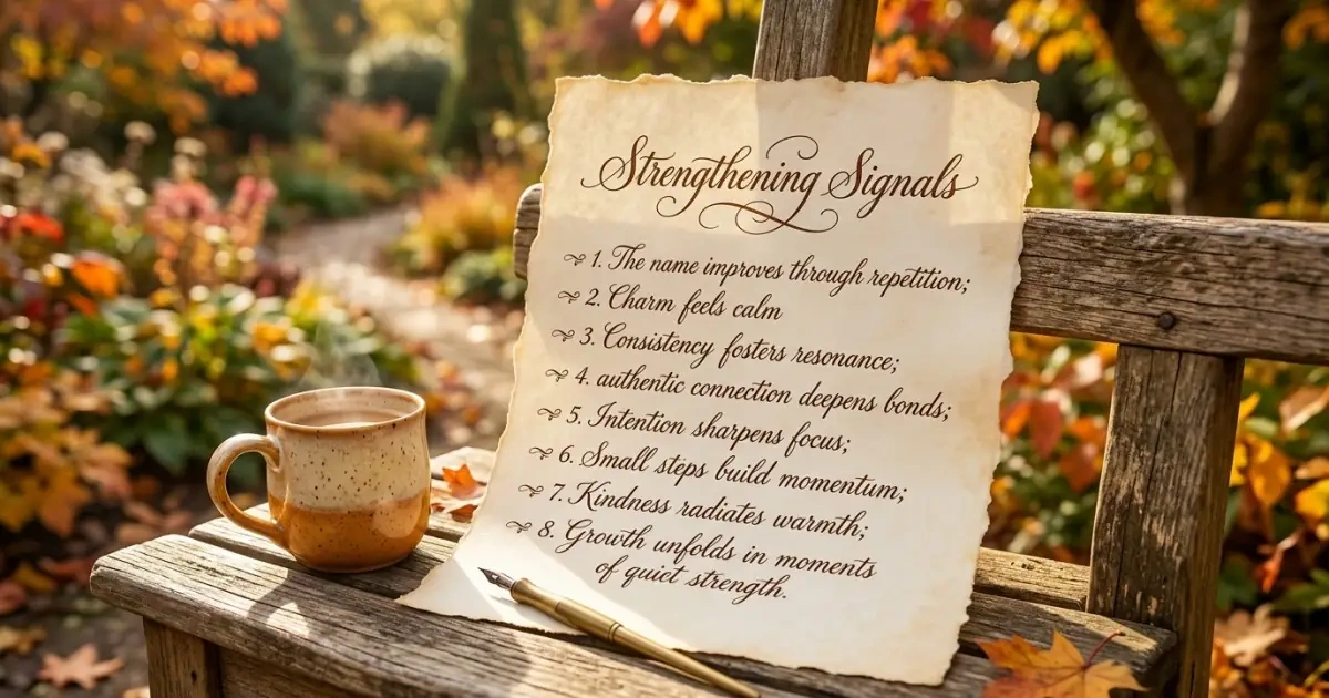 A parchment paper infographic highlighting positive signals for a chosen French name.