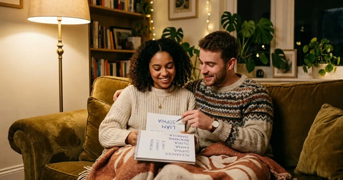 Young parents happily discussing common questions about biblical baby names