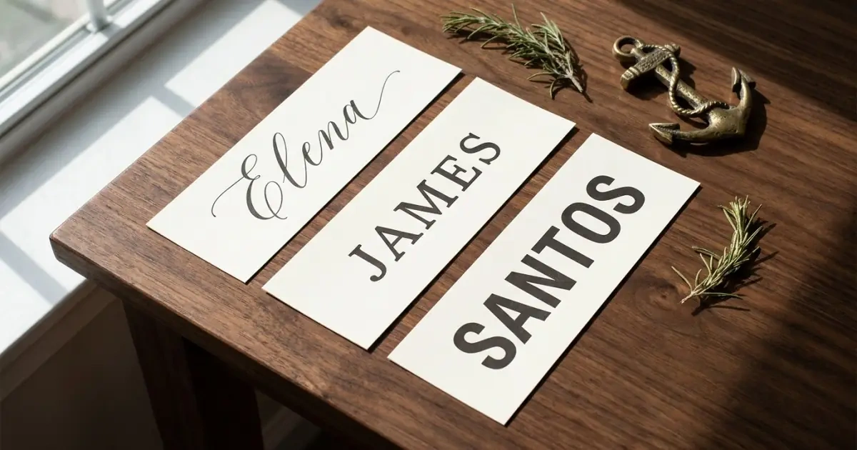 Stylized name cards arranged on a dark walnut table demonstrating full-name flow test