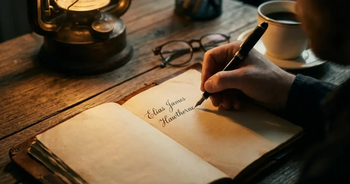 Writing a full name in a journal, highlighting full-name layers for identity.