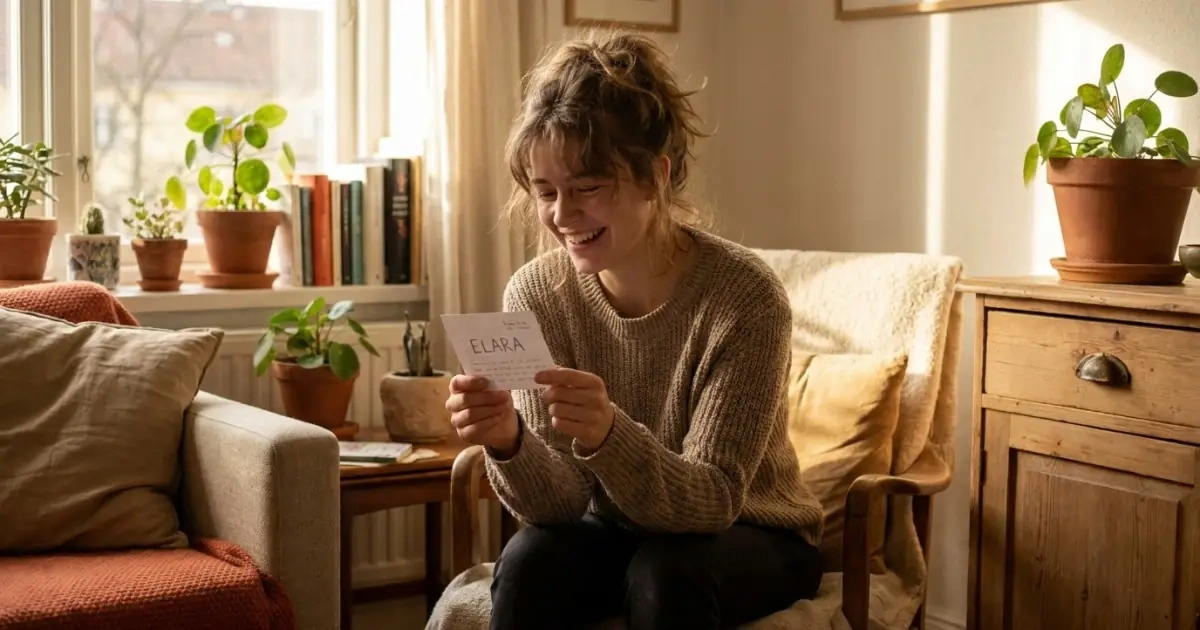 A young woman speaking a name aloud to test its natural flow.