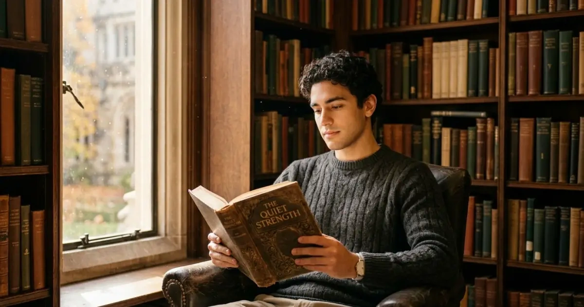 A thoughtful young man holding a classic book in a sunlit library, symbolizing gentle baby name strength.