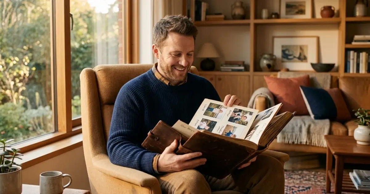 A warm, smiling young father holding a family album, illustrating gentle names for boys.