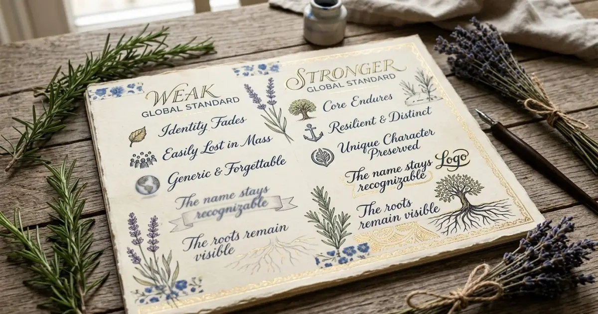 A scrapbook infographic comparing weak and strong standards for choosing global Spanish baby names