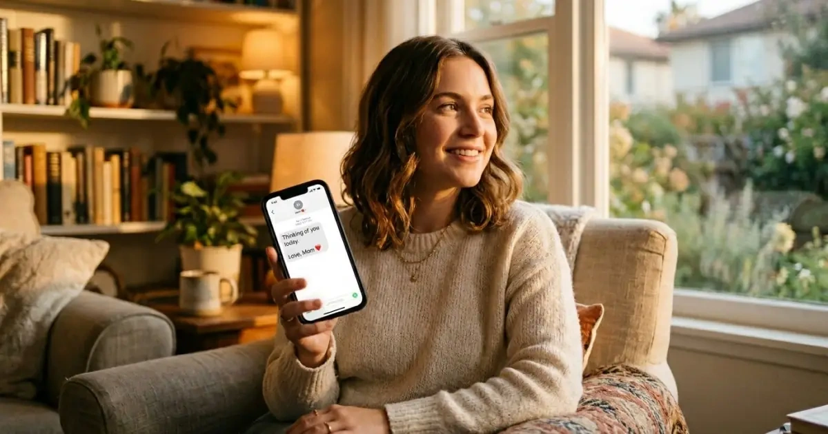 A mother calmly holding her phone, managing outside opinions and family pressure regarding the name.
