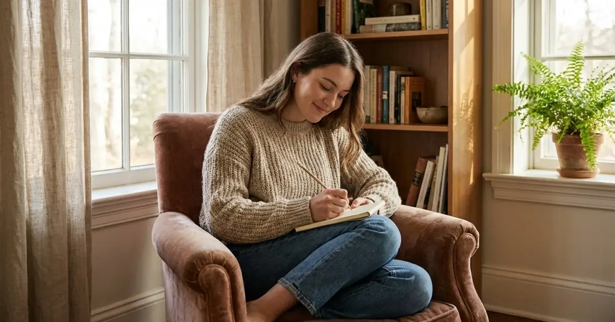 A young woman calmly writing a note on a pad in a cozy room