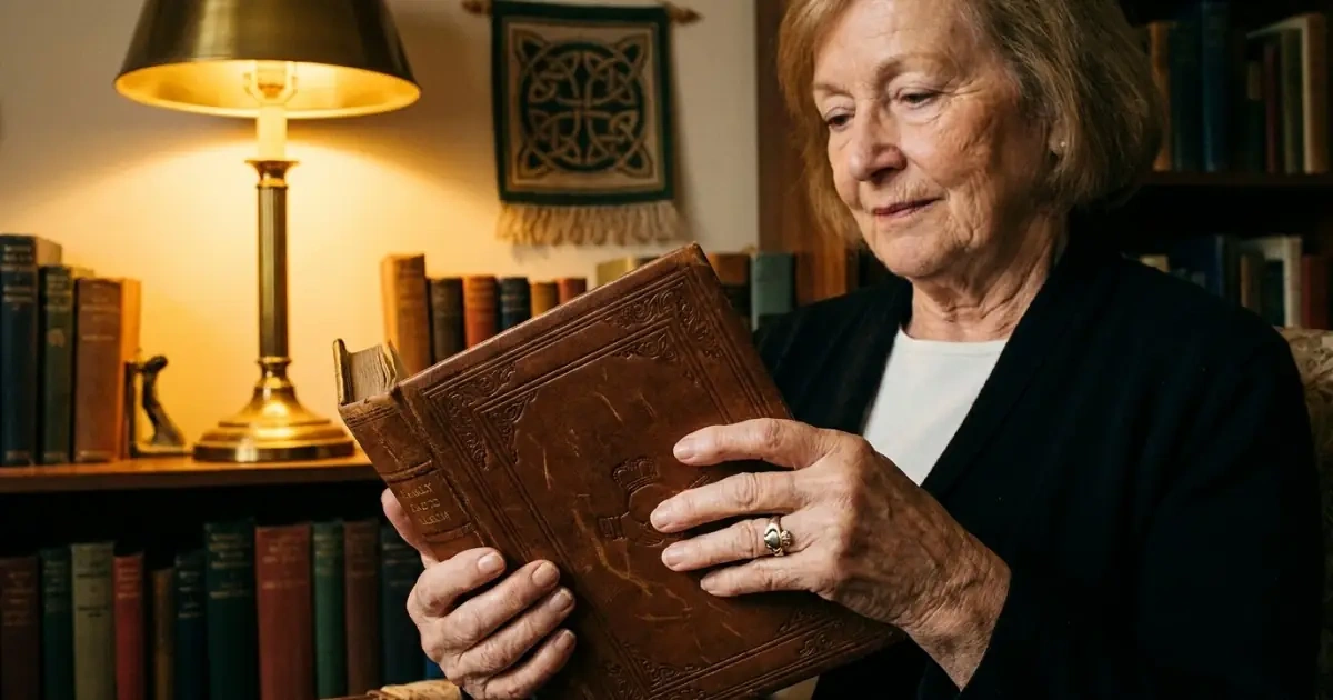 An adult woman holding a vintage family album in a warm study